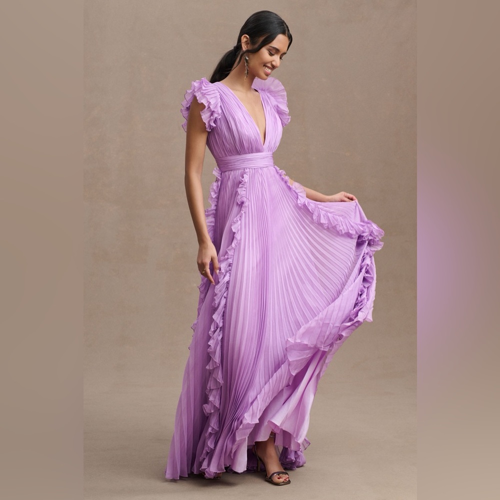 Mac Duggal Pleated Flutter Sleeve Deep-V Empire-Waist Gown